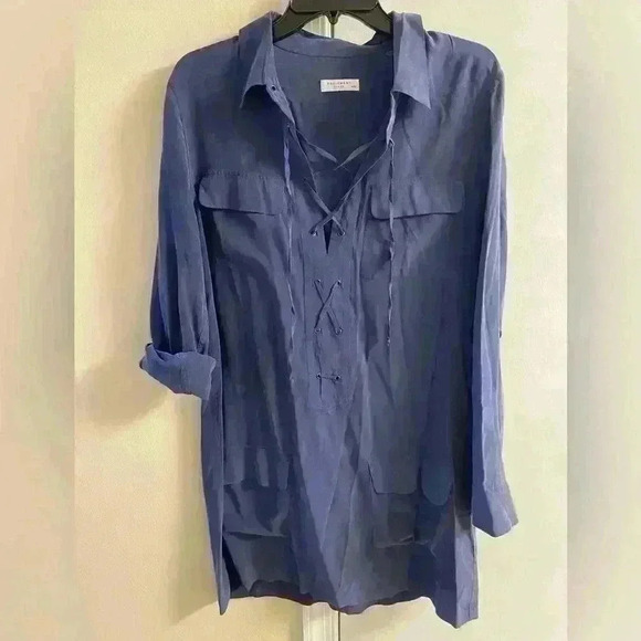 Equipment femme blouse pop over long line 100% silk lace up collar. Medium - Picture 1 of 7
